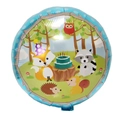 Detailed close-up of a round foil balloon with cartoon forest animals and birthday cake - Blue Border Jungle Animal Round Balloon