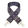 Close-up of ethnic jacquard strap with purple floral embroidery and gold metal hardware - Black Purple Floral