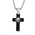Collana con croce minimalista in acciaio al titanio con inserto nero e ciondolo stella - Stella d'Argento (KN282683-AQ) / Color Acciaio