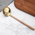 Golden 304 stainless steel slotted spoon with beech wood handle and flower cutouts - Slotted Spoon / Gold