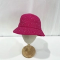 Detailed view of sparkly rhinestones on a rose red cotton bucket hat shown on a wooden head stand - M (56-58cm) / Rose Red