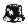 Detail of black kids bucket hat with colorful unicorn and rainbow prints and Dream text - Head Circumference 52-54cm / Black
