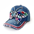 Denim baseball cap featuring colorful rhinestone butterfly and distressed shading design - Denim Blue