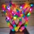 Rainbow fluffy fox ears headband with glowing LED lights and colorful plush fur texture - Bunny Ear Headband / 14 LED Rainbow Bunny Ear