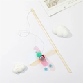 Interactive cat wand toy with wooden stick and colorful dragonfly tassel on white surface - Sequin Insect Style (C)