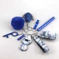 Blaues Sicherheits-Schlüsselanhänger-Set mit Marmormuster, flauschigem Bommel und Alarm - 12-Blauer Marmor