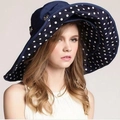 Women's wide brim sun hat in navy blue featuring a classic white polka dot lining detail - M (56-58cm) / Navy Blue Outer White Polka Dot Lining
