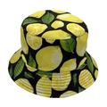 Black bucket hat with all-over yellow lemon print for sun protection and outdoor style - Lemon