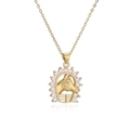 Gold-plated horse head and horseshoe pendant necklace with clear crystals on white background - Gold Horse & Horseshoe