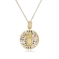 Gold plated Virgin Mary medallion necklace with colorful zircon gemstones on white base - CN002034CX Multi-Round Mary / Gold With Multi-color Gems