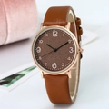 Minimalist ultra-thin rose gold watch with brown leather strap and matte dial for women - Brown