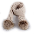 Winter oatmeal knitted scarf for kids featuring two fluffy brown faux fur pompoms - Beige Scarf