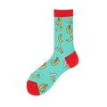 Green mid-calf cotton socks with red trim and vibrant yellow banana patterns - Turquoise Banana Pattern (2326C)