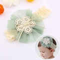 Detail of light green mesh flower and beige lace headband for infant girls' hair - Water Velvet Green
