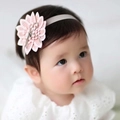Close-up of baby girl wearing pink fabric flower headband with elastic gray band - Snow Lotus