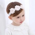 Elegant white lace baby headband with three dimensional fabric flowers and crystal rhinestones - 3 Lotuses