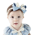 Blue denim and lace bow baby headband with elastic cream crochet strap for girls - Denim Blue