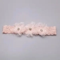 Sweet pink lace baby headband featuring three delicate mesh flowers with rhinestone centers - 3 Rhinestone Flowers