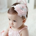 Close-up of pink layered lace flower headband with blue bow for baby girl accessory - FD002 Pink