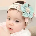 Close-up of knit hollow baby headband featuring a large light teal decorative floral design - Chiffon Blue