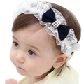 Baby girl lace headband with navy blue ribbon bow and pearl beads in white color - Navy Blue Bow