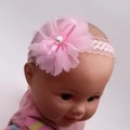 Pink baby lace headband featuring chiffon flower, faux pearl center, and satin bow detail - Single Pearl Pink