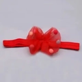 Red lace mesh bow baby headband with colorful pompoms on elastic ribbed fabric - Small Pompom Red