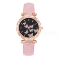 Women's pink suede quartz watch with gold case and rhinestone butterfly pattern on black dial - Pink