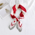Red and white star pattern silk square scarf tied in a stylish knot on linen fabric - 70x70cm / Red Stripe Stars
