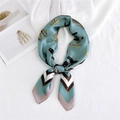 Teal silk scarf with vintage buckle print and satin luster on white background - 70x70cm / Equestrian Green