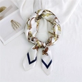 Elegant silk scarf with gold chain and brown leather belt pattern on white base - 70x70cm / Gold Chain Leather Beige