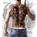 Detailed back tattoo sticker featuring traditional dragon and samurai warrior graphics - WH-016 Dragon Soul Samurai Black Grey / 34x48cm (1 Piece)