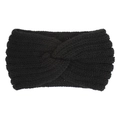 Close-up of black knitted cross headband showing detailed wool texture and twist knot - Black