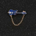 Mini electric guitar brooch in dark blue enamel with gold chain and musical details - Gold Blue Guitar With Chain