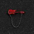 Mini red electric guitar metal brooch with chain detail on black starry background - Black Red Guitar With Chain