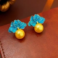 Orecchini vintage con fiori in smalto blu e grandi ed eleganti perle gialle - Stile Perla Gialla Fiore Smaltato Blu