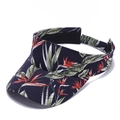 Macro detail of navy blue tropical floral print on a breathable cotton visor cap - Adjustable / Navy Blue