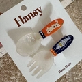 Detail of cute cat and fish cartoon hair clips on a spoon and fork shaped resin set - 2-Pack Cartoon - Cat & Fish Utensils