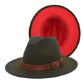 Army green wool fedora hat with red brim lining and leather band with metal buckle - M (56-58cm) / Green with Red Interior