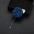 Blue fabric rose boutonniere pin for men with golden leaves and navy floral petals - Navy Blue