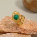 Elegance 18k gold plated ring featuring a round green natural stone inlay and swirl texture - Swirl Texture Round Malachite Ring