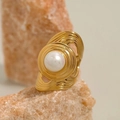 18k gold plated ring featuring a large white pearl and irregular wavy textured band - Irregular Ripple Pearl Ring