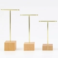 Set of 3 gold T-bar earring display stands with natural wooden square bases - 2-Hole Square Base 3pcs Set: Gold