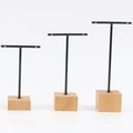 3-piece black metal T-bar earring stand set with natural wooden bases in varying heights - 2-Hole Square Base 3pcs Set: Black
