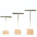 Three-piece set of gold metal T-bar earring displays with square wooden bases - 4-Hole Square Base 3pcs Set: Gold