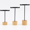 Set of 3 black metal T-bar earring displays with wooden bases in graduated heights - 4-Hole Round Base with Slot 3pcs Set: Black