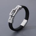 Men's black braided leather bracelet with square silver stainless steel clasp - 21cm / Steel Color (KB166208-KFC)