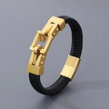 Men's braided black leather bracelet featuring a polished gold-plated U-shaped buckle - 21cm / Gold (KB166207-KFC)