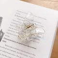 Elegant transparent acrylic butterfly hair claw clip for ponytail on a book - White/Clear