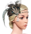Details eines Vintage-Pfauenfeder-Stirnbands der 1920er Jahre mit Strass und Perlen - Stil 1-Pfauengrüne Feder